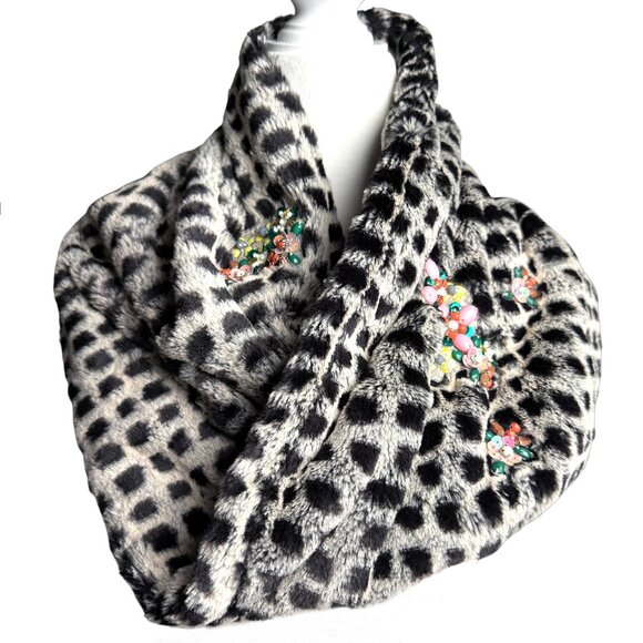 Anthropologie Accessories - NWT ANTHROPOLOGIE SOFT FAUX FUR BLACK MOTIF LUX JEWELED INFINITY NECK WRAP SCARF